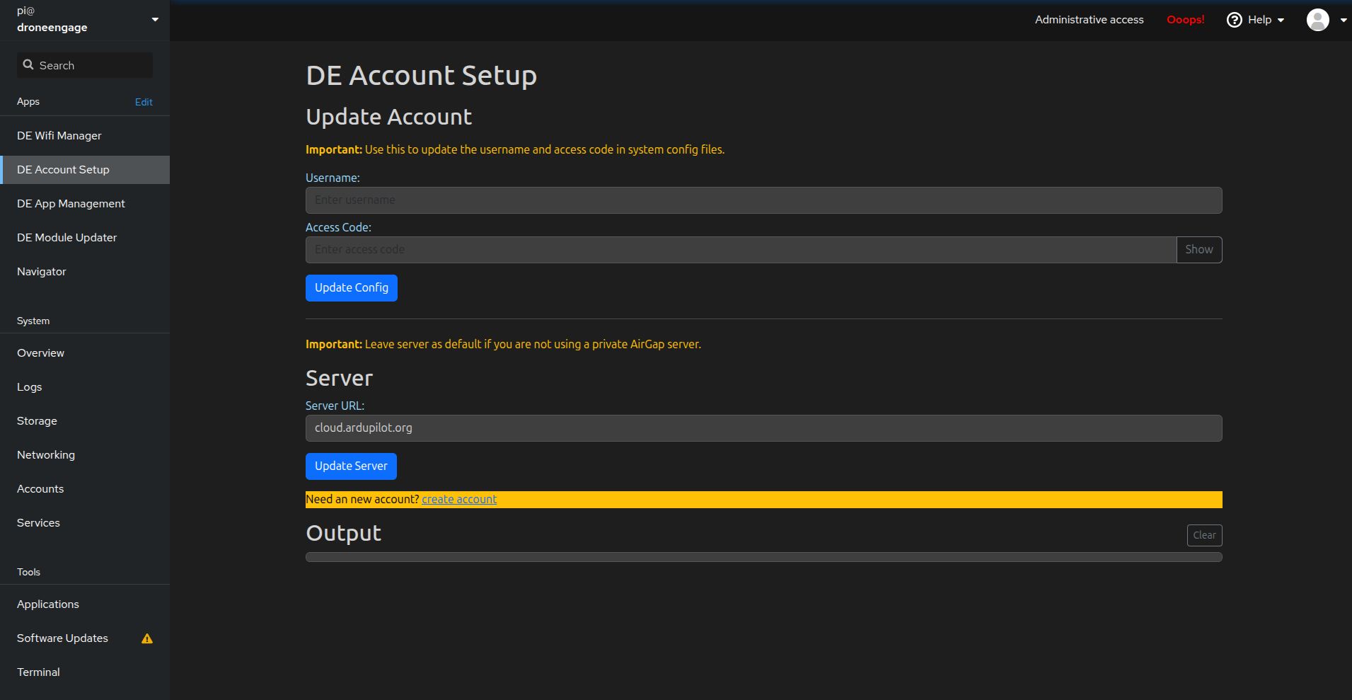 DE Account Setup Screen