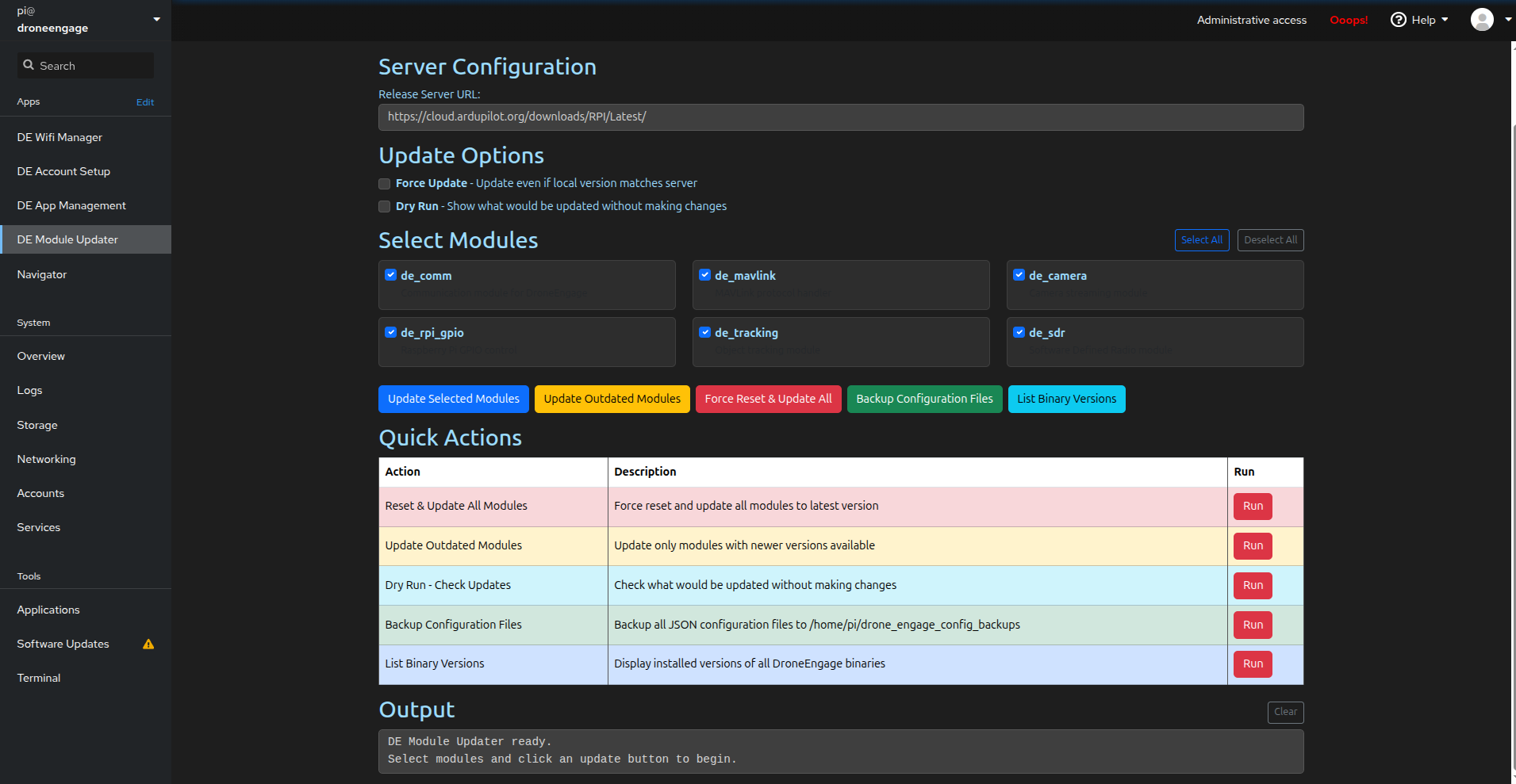 DE Module Updater Screen
